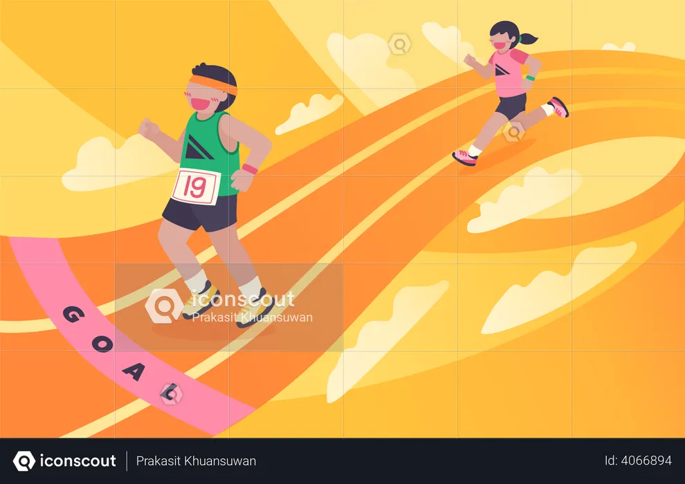 Menino e menina correndo maratona  Ilustração