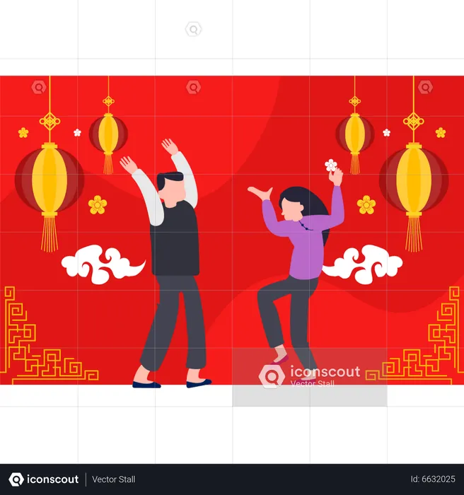 Menino e menina dançando no ano novo chinês  Ilustração