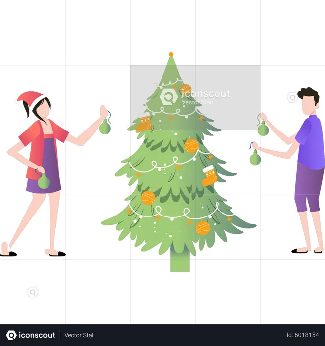 Menino e menina decorando a árvore de Natal com luzes  Ilustração