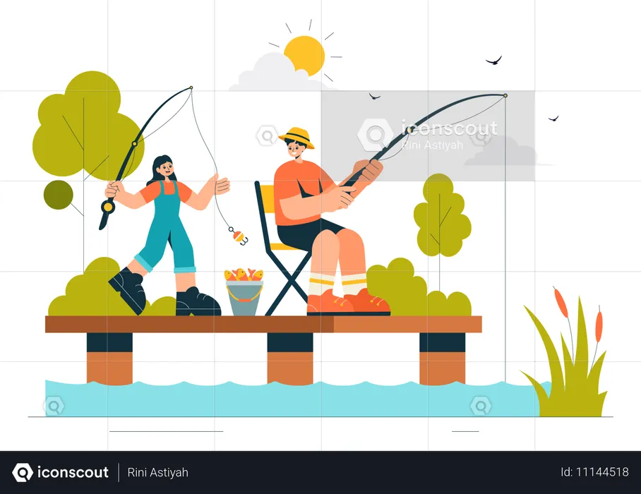 Menino e menina pescando  Ilustração