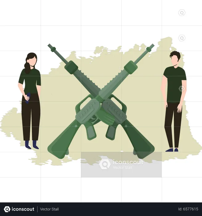 Menino e menina olhando para arma  Ilustração