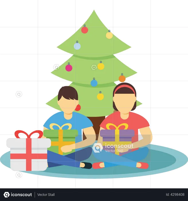 Menino e menina sentados com presente de Natal  Ilustração