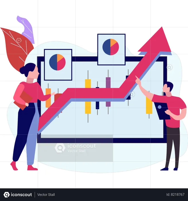 Menino e menina trabalhando em gráfico analítico  Illustration