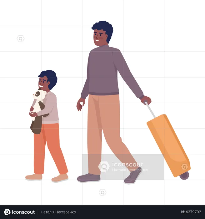 Menino e pai com mala entrando no avião  Ilustração