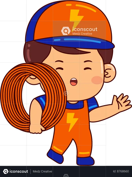 Menino eletricista fofo segurando fio budle  Ilustração