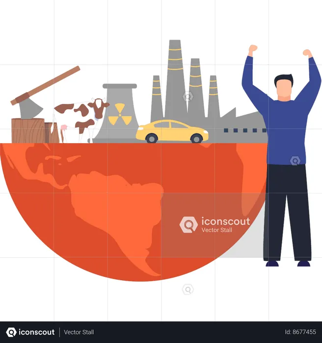 Menino parado perto do ambiente industrial  Ilustração