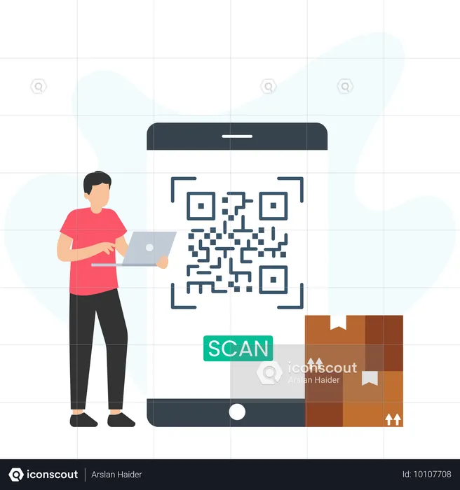 Menino escaneando código qr  Ilustração