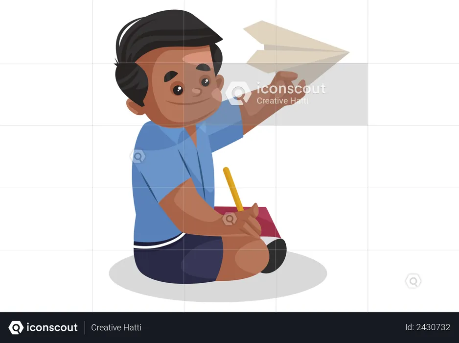 Menino de escola voando avião de papel  Ilustração