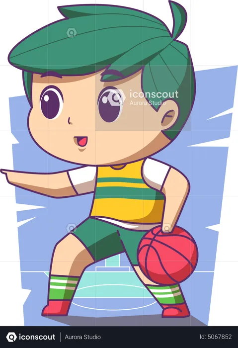 Menino de escola jogando basquete  Ilustração