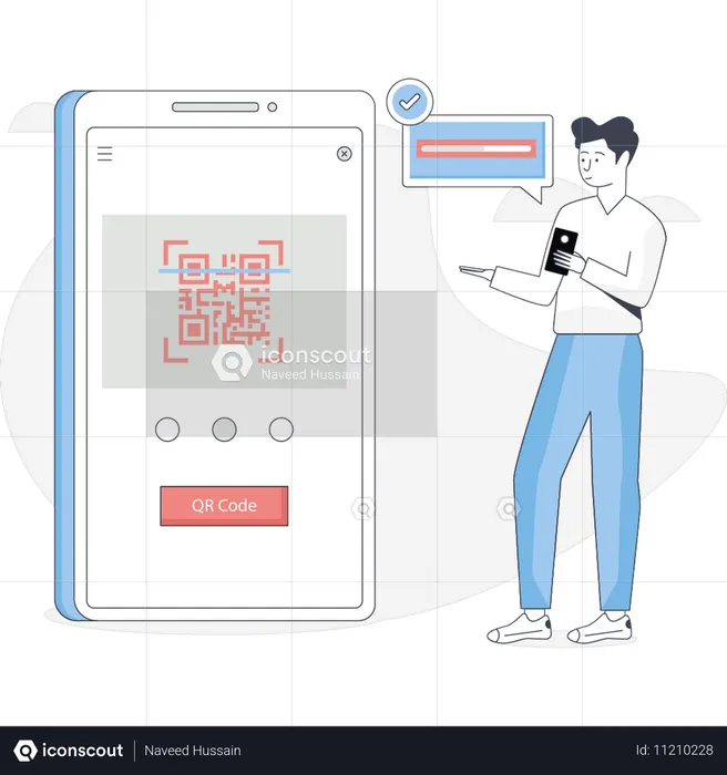 Menino está apontando código QR do celular  Ilustração