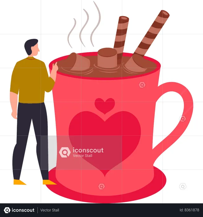 O menino está bebendo café com chocolate quente  Ilustração