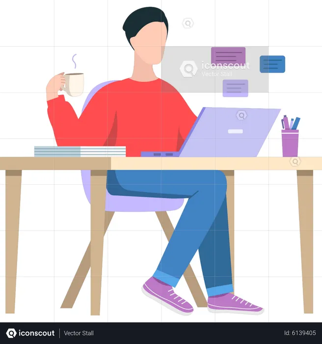 Menino está tomando chá na mesa de trabalho  Ilustração
