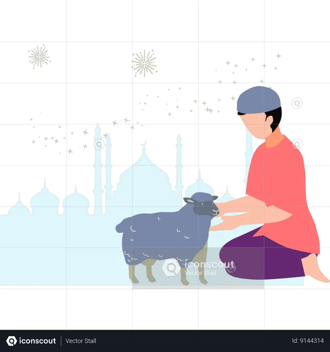 Menino está brincando com um animal Eid  Ilustração