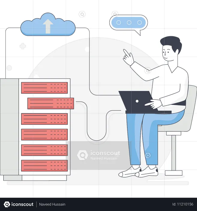 Menino está carregando dados do servidor na nuvem  Ilustração