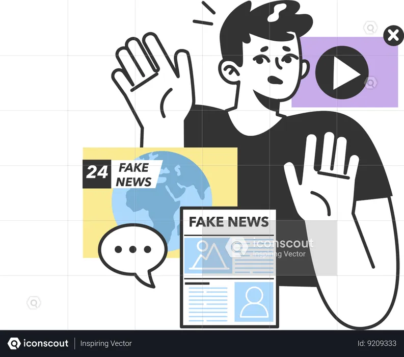 Menino está assustado devido a notícias falsas  Ilustração