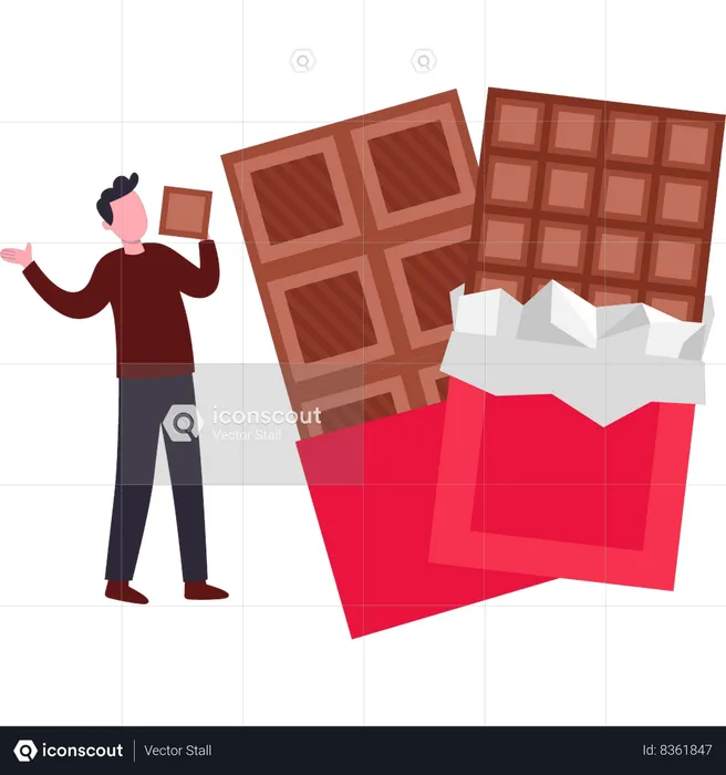 O menino está comendo barras de chocolate  Ilustração