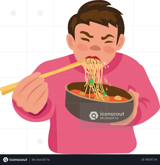 O menino está comendo macarrão  Ilustração