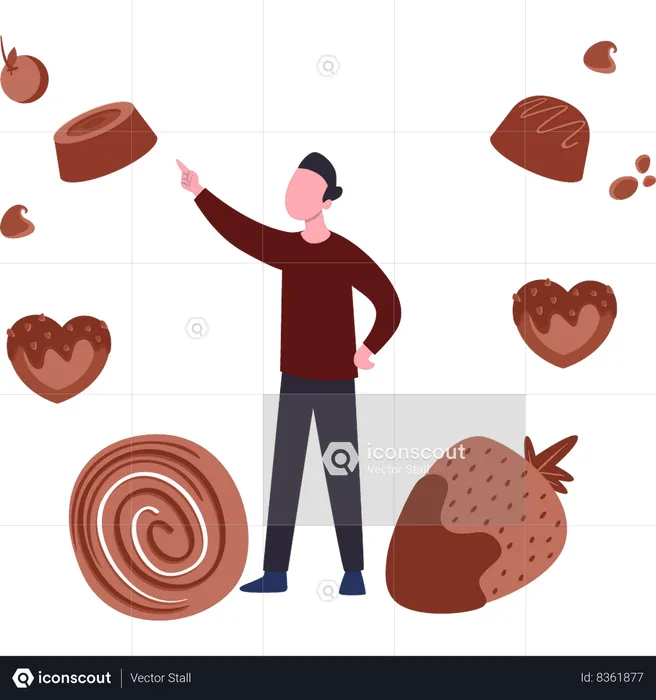 O menino está comendo os doces de chocolate  Ilustração