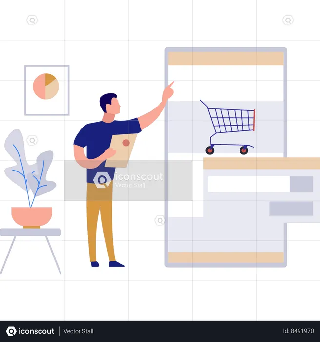 Garoto está fazendo compras on-line  Ilustração