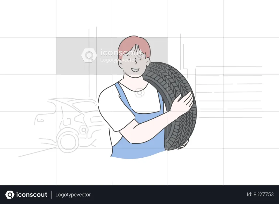 O menino está reparando o pneu do carro  Ilustração