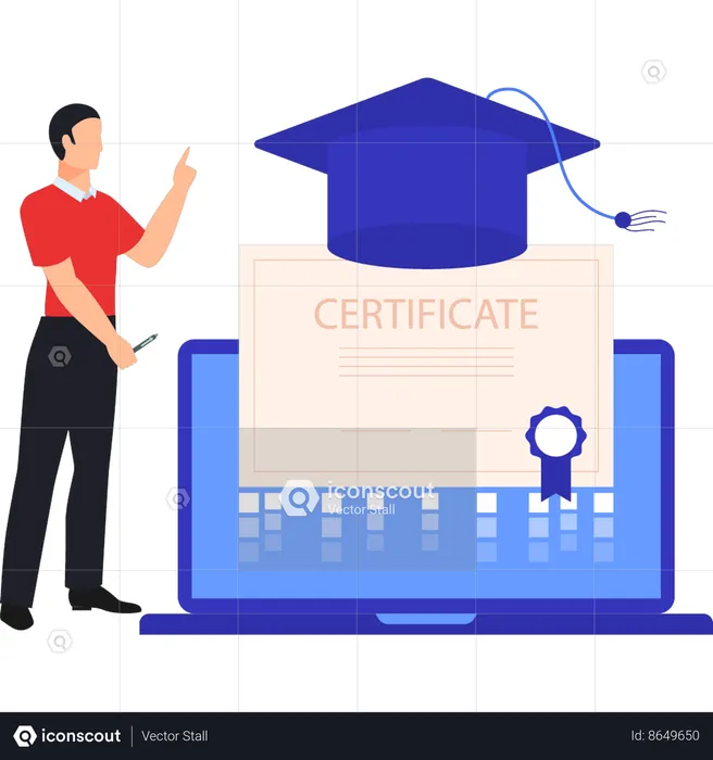 Garoto está falando sobre certificado de bacharel on-line  Ilustração