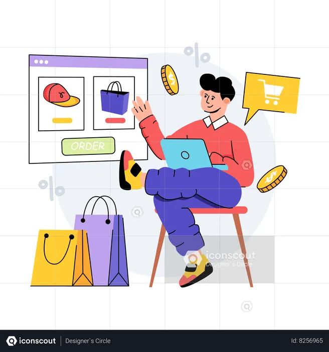 Garoto está dando pedido on-line  Ilustração