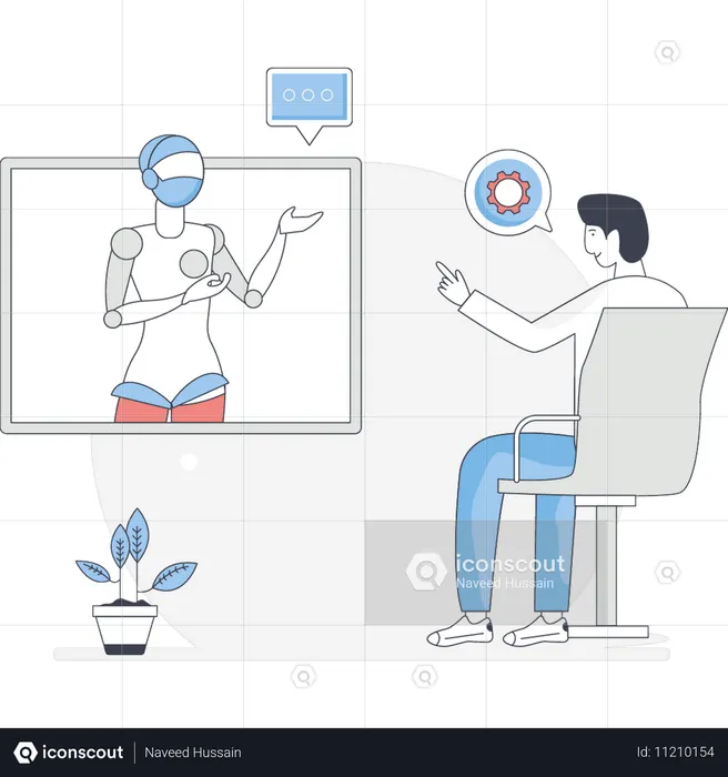 Menino está conversando online com robô  Ilustração
