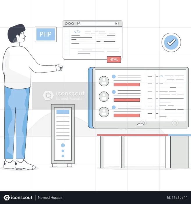 Menino está fazendo processo de codificação de desenvolvimento de software  Ilustração