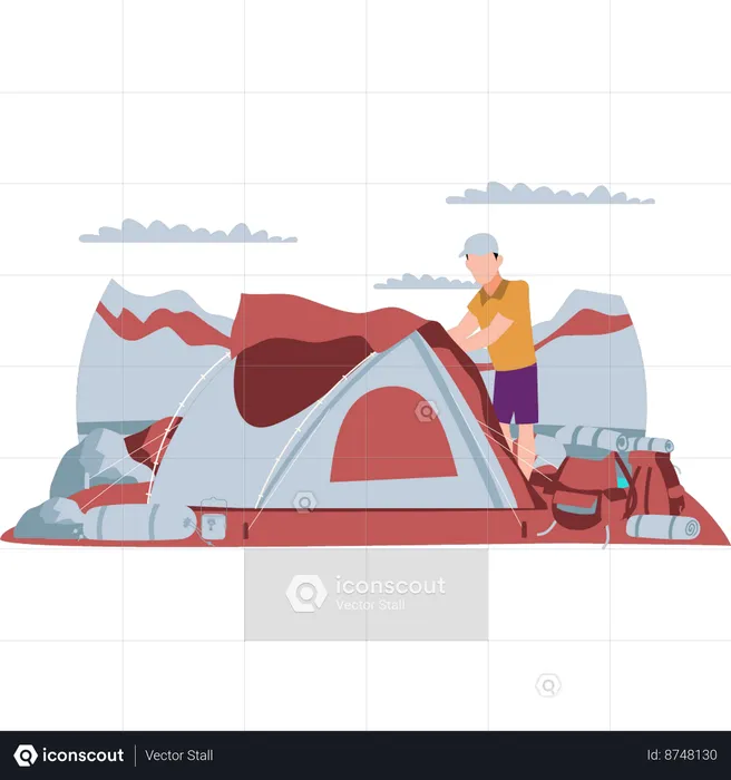 Menino está montando barraca para caminhadas  Ilustração