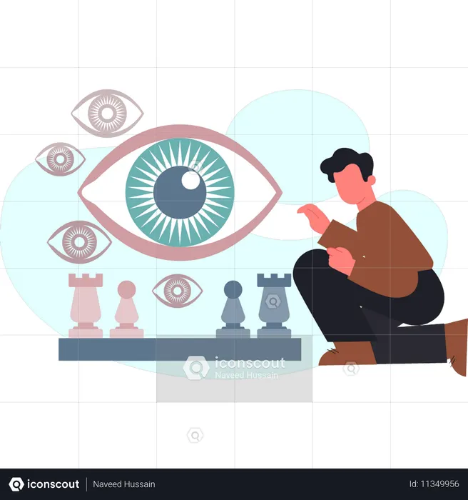 O menino está olhando para o jogo de xadrez  Ilustração