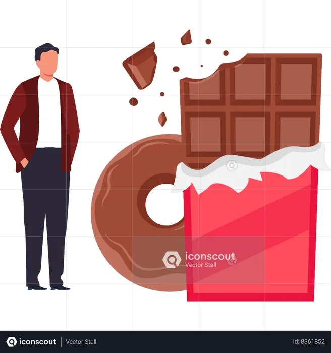 O menino está olhando para a barra de chocolate e a rosquinha  Ilustração