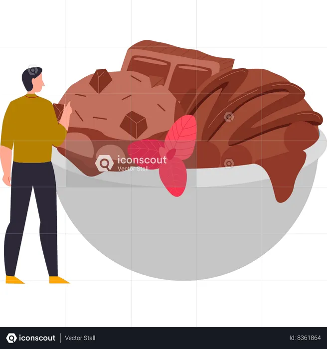 O menino está olhando para a tigela de sorvete de chocolate  Ilustração