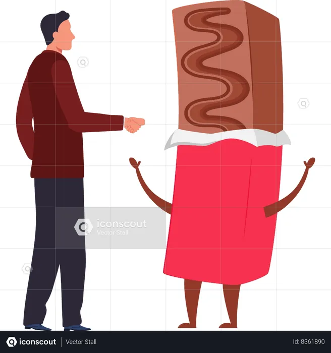 O menino está olhando para um pacote de chocolate  Ilustração