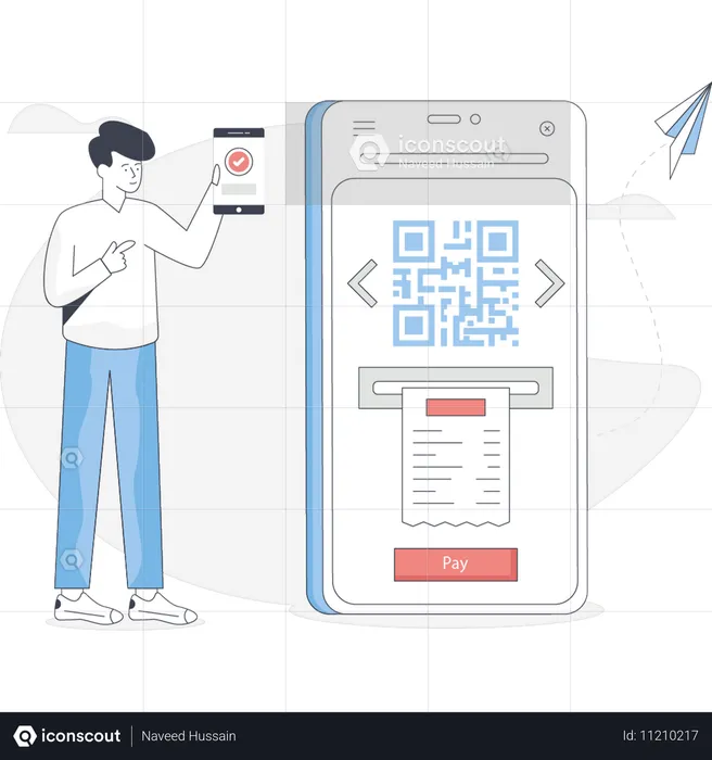 Menino está pagando conta com código QR  Ilustração