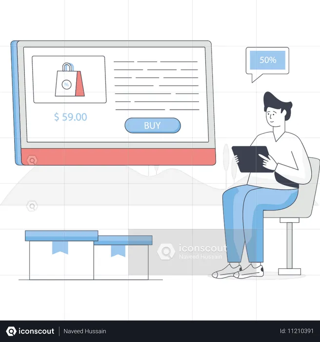 Menino está procurando produto em site de compras online  Ilustração