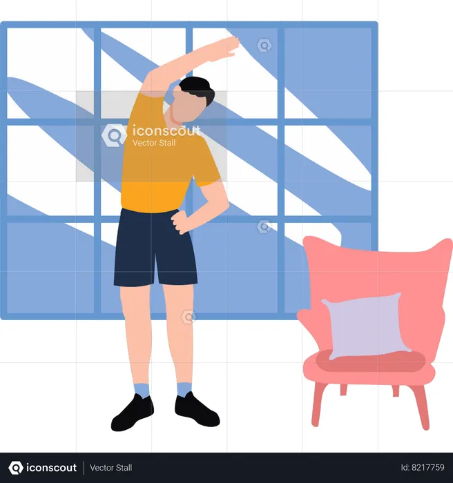 O menino está se exercitando em casa  Ilustração