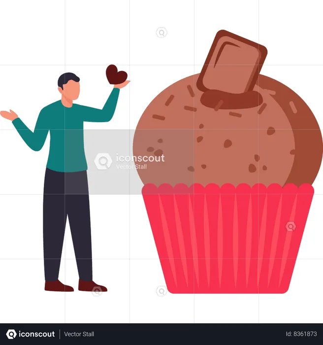 O menino está segurando um chocolate em forma de coração  Ilustração