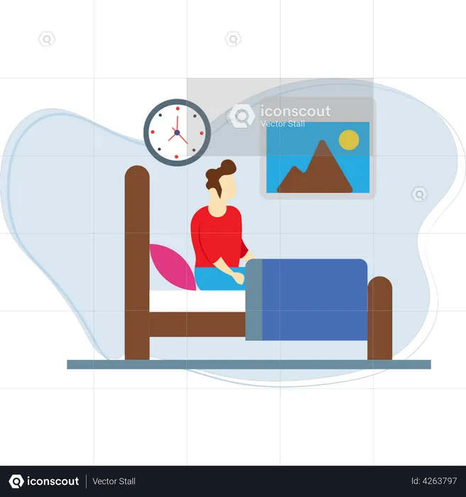 O menino está sentado em uma cama para dormir  Ilustração