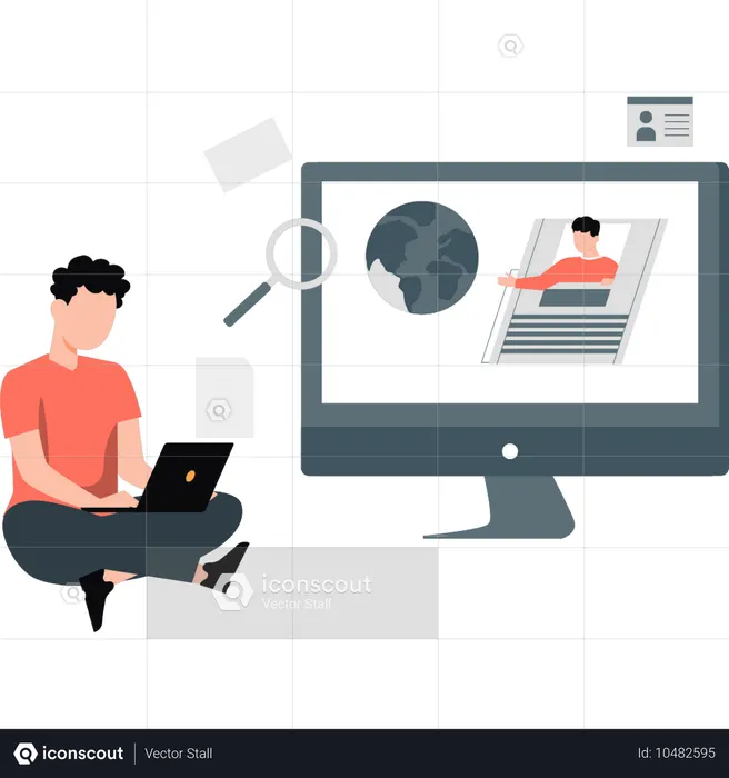 O menino está trabalhando na comunicação online  Ilustração