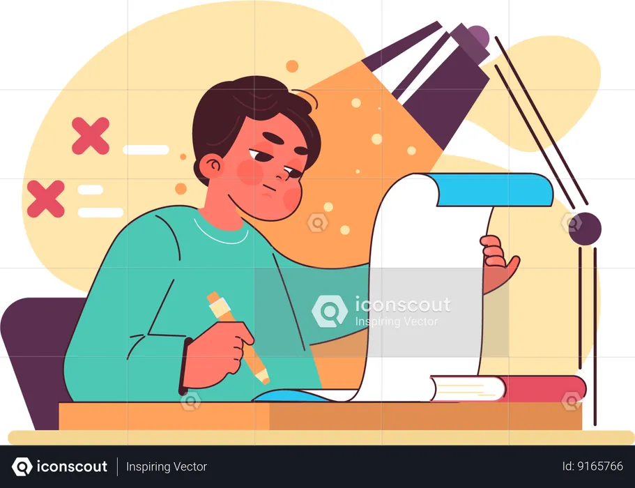 Menino estudando à noite  Ilustração