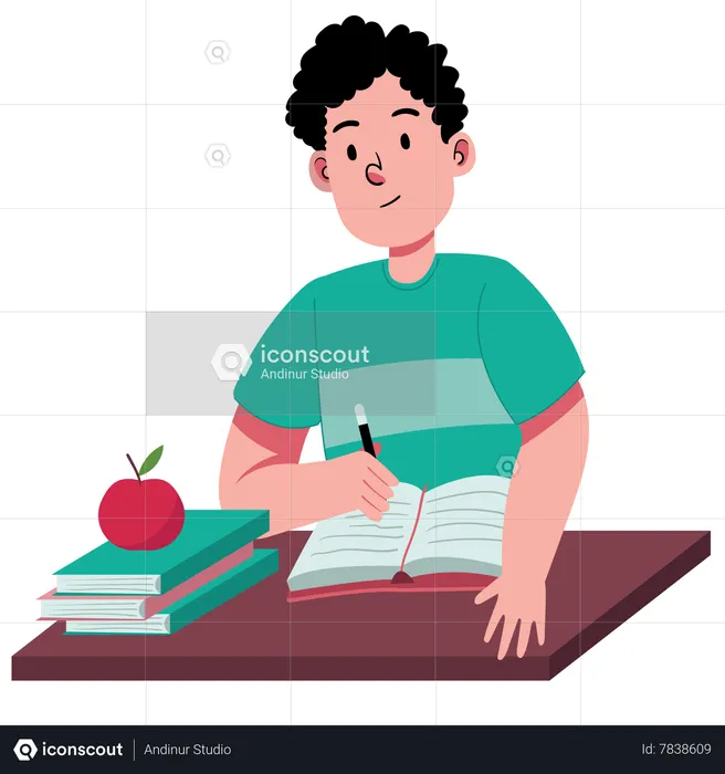 Menino estudando e escrevendo um bilhete  Ilustração