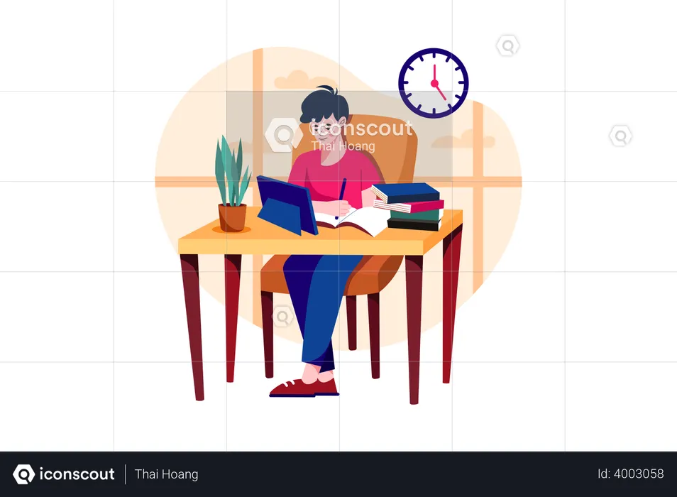 Menino estudando on-line usando tablet  Ilustração
