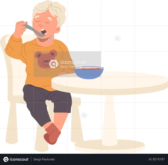 Menino com fome comendo mingau de leite sentado à mesa  Ilustração