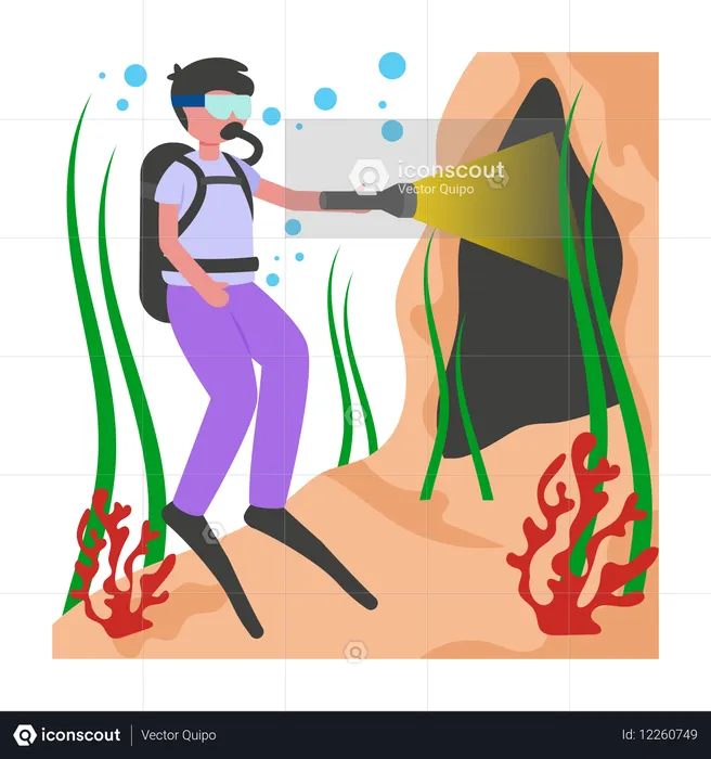 Menino fazendo mergulho em caverna  Ilustração