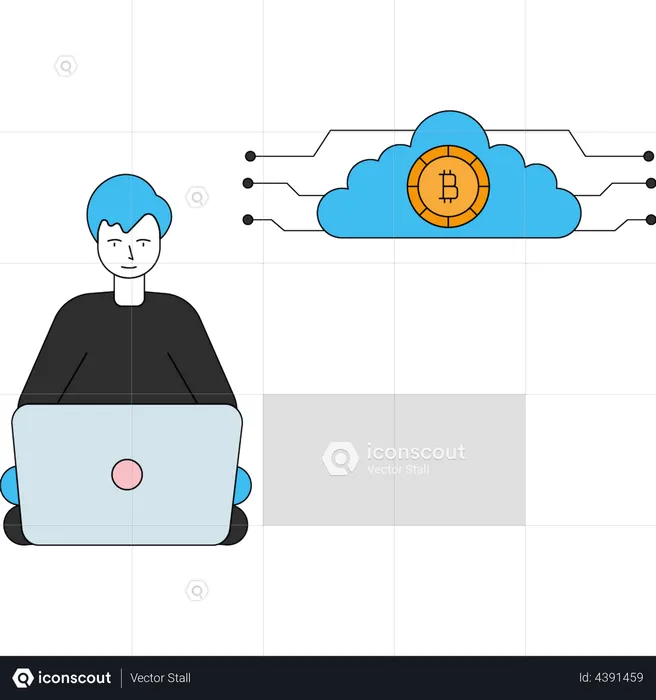 Garoto fazendo mineração de Bitcoin na nuvem  Ilustração