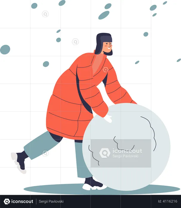Menino fazendo uma enorme bola de neve  Ilustração