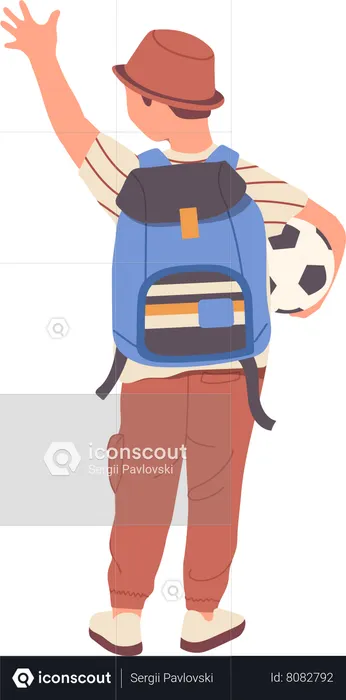 Menino feliz com mochila e bola de futebol  Ilustração