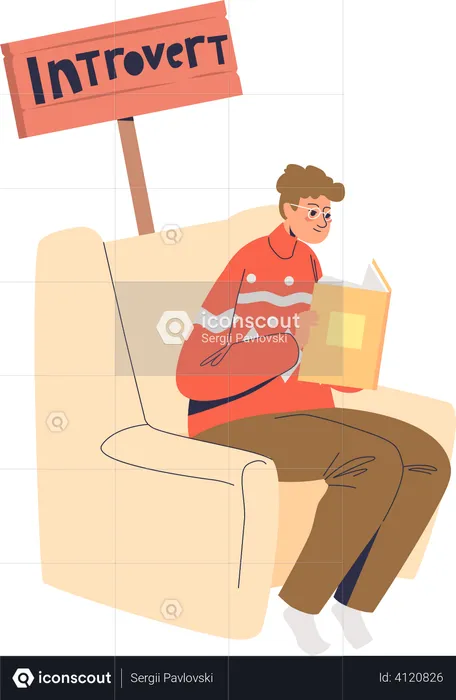 Menino introvertido sentado e lendo livro  Ilustração