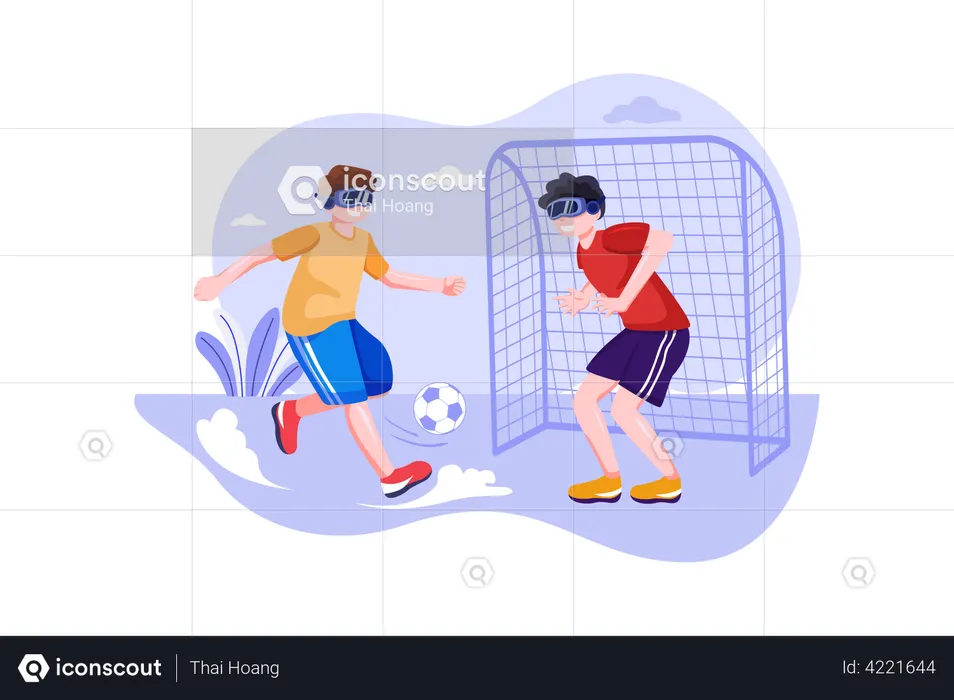 Menino jogando futebol usando tecnologia VR  Ilustração