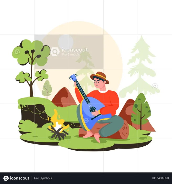 Menino tocando violão na floresta  Ilustração